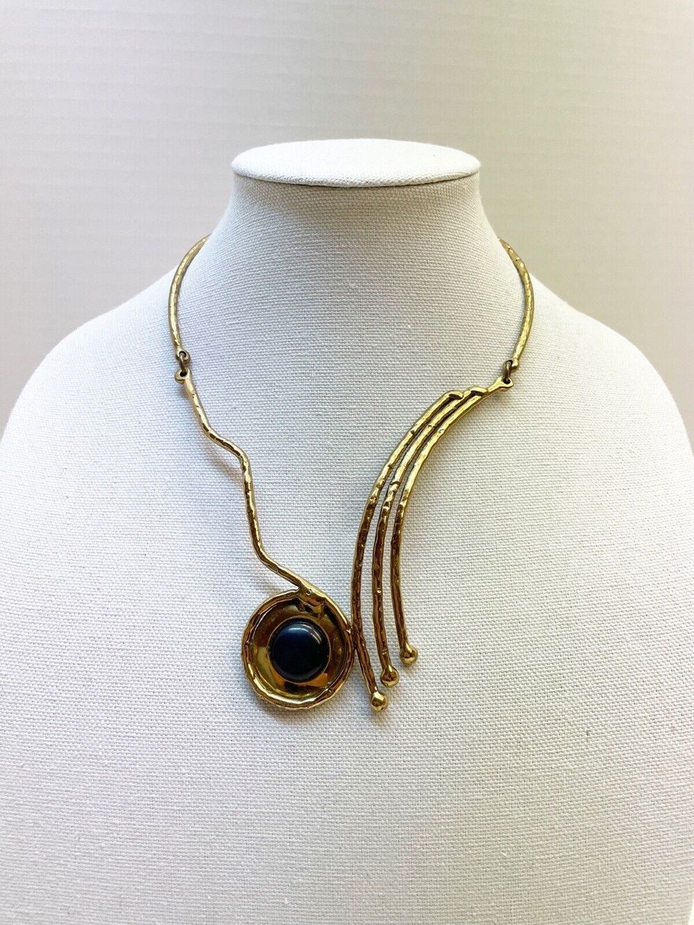 Gold Modern Bib Necklace with Black Stone Handmade Brass Hand Crafted Retro